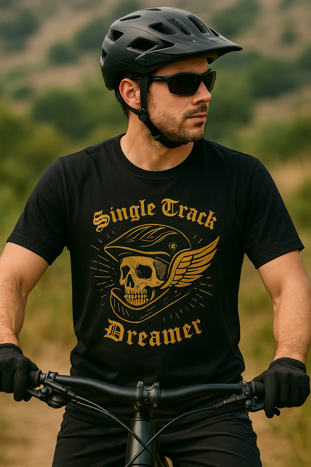 Man wearing a black t-shirt with 'Single Track Dreamer' design, helmet, and sunglasses, standing on a bike in a natural setting.