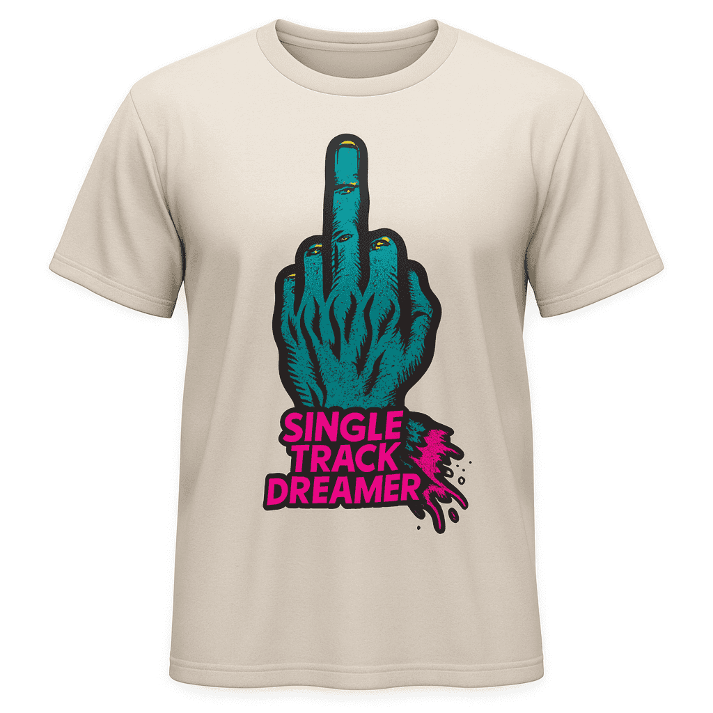 Beige graphic tee with zombie hand and Single Track Dreamer print