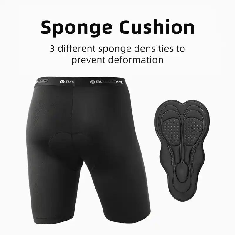 ROCKBROS padded cycling liner shorts with 3-density sponge cushion, engineered to prevent deformation and enhance riding comfort.