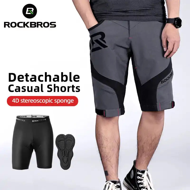 ROCKBROS detachable casual cycling shorts with 4D sponge padding, perfect for summer MTB rides with breathable and comfortable design.