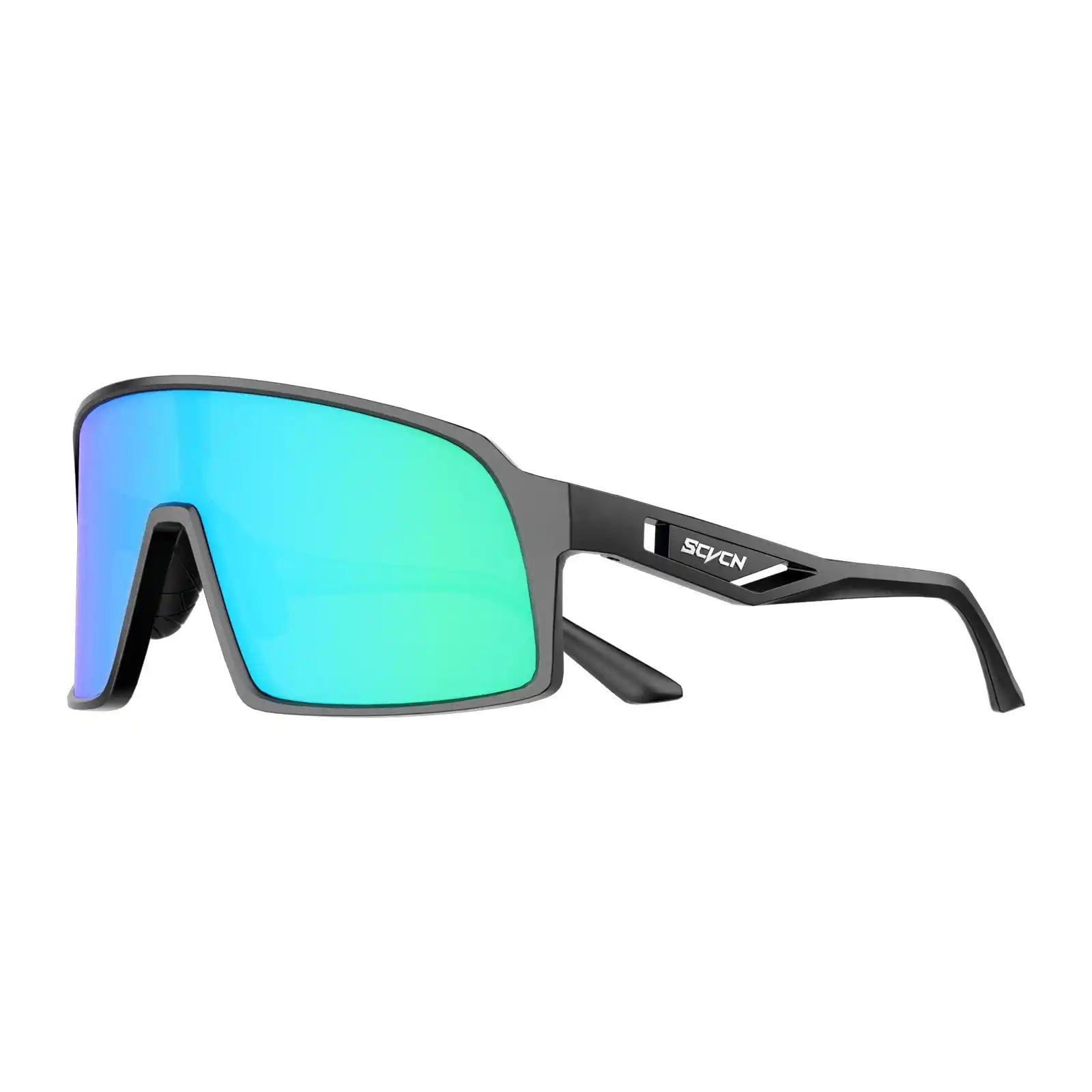 SCVCN Cycling Glasses with UV400 protection in matte black frame and green mirrored lens, designed for road biking and outdoor recreation.