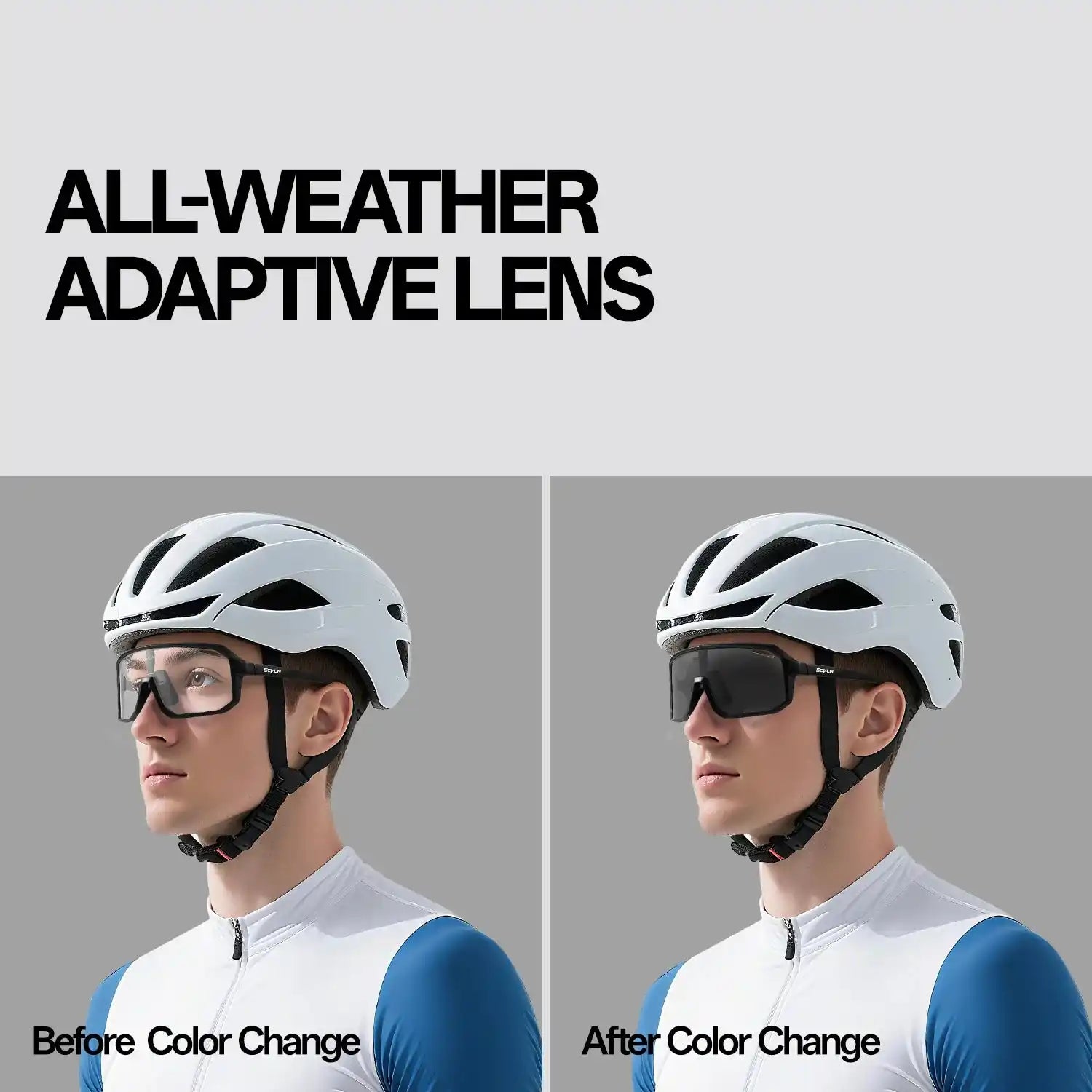 SCVCN cycling glasses with all-weather adaptive lenses shown before and after color change, perfect for varying light conditions.
