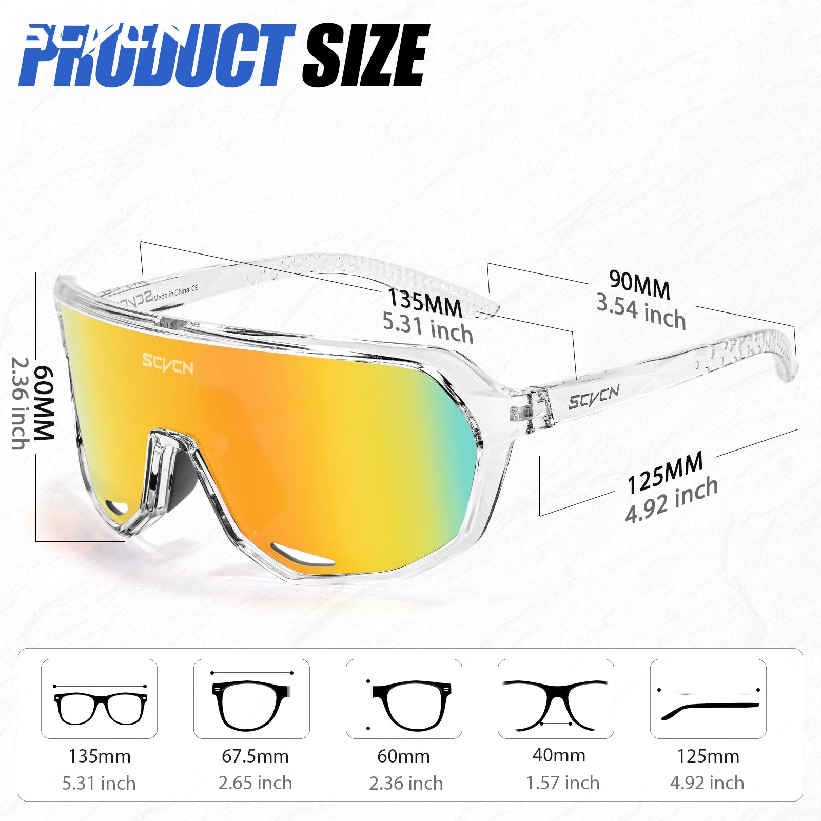 SCVCN cycling glasses size chart showing dimensions and features like UV400 lenses, TR90 frame, and anti-slip nose pads for sports performance.
