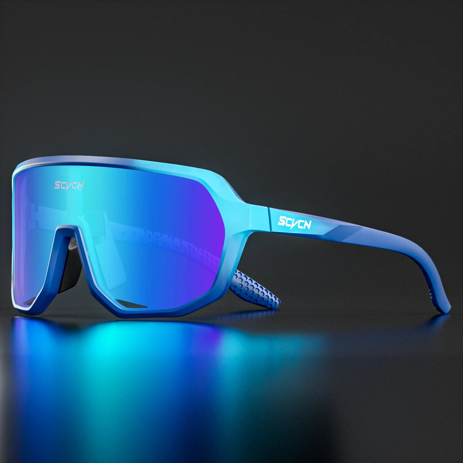 SCVCN cycling glasses featuring blue UV400 mirrored lenses and blue frame, perfect for mountain biking and UV-A/UV-B protection in bright sunlight.
