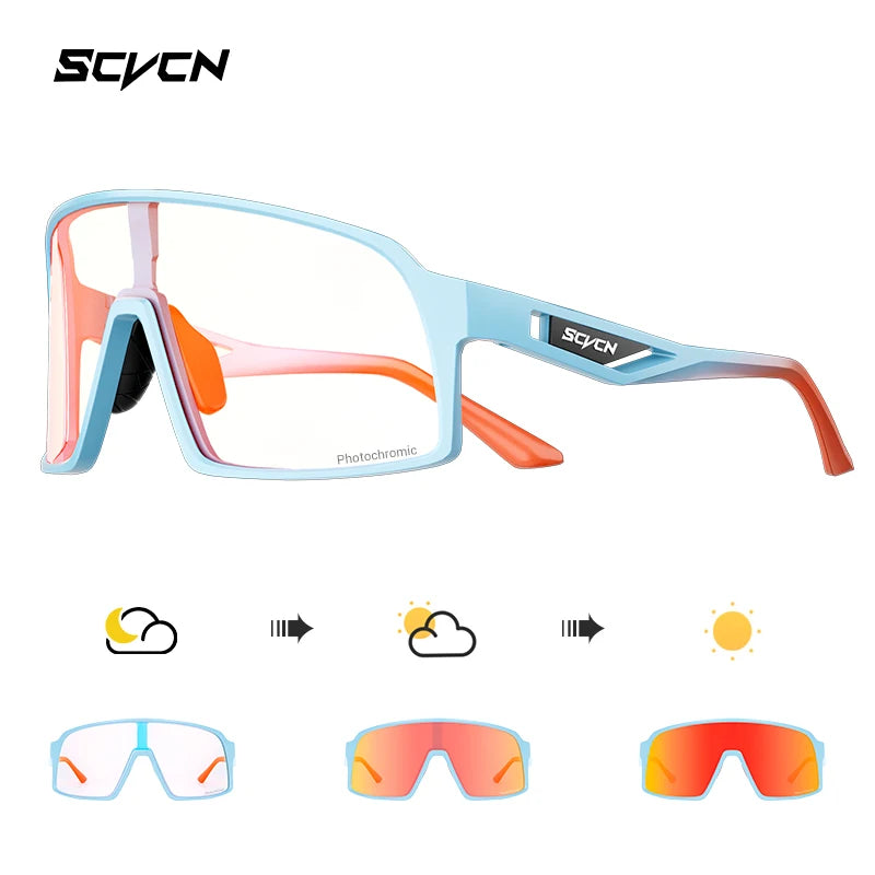 SCVCN cycling glasses with light blue frame and photochromic red-orange lenses, designed for adaptive UV protection and stylish trail riding.