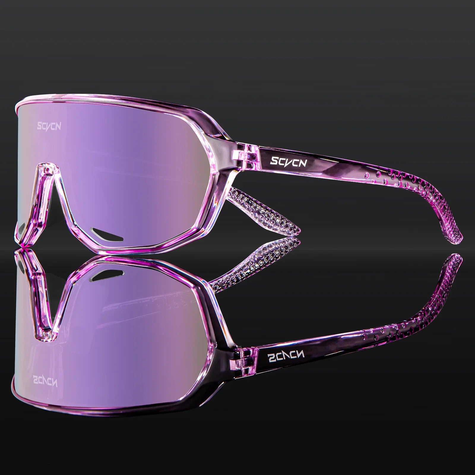 SCVCN Cycling Glasses with transparent pink frame and purple mirrored lens, offering UV protection. Stylish, lightweight eyewear for women cyclists and athletes.
