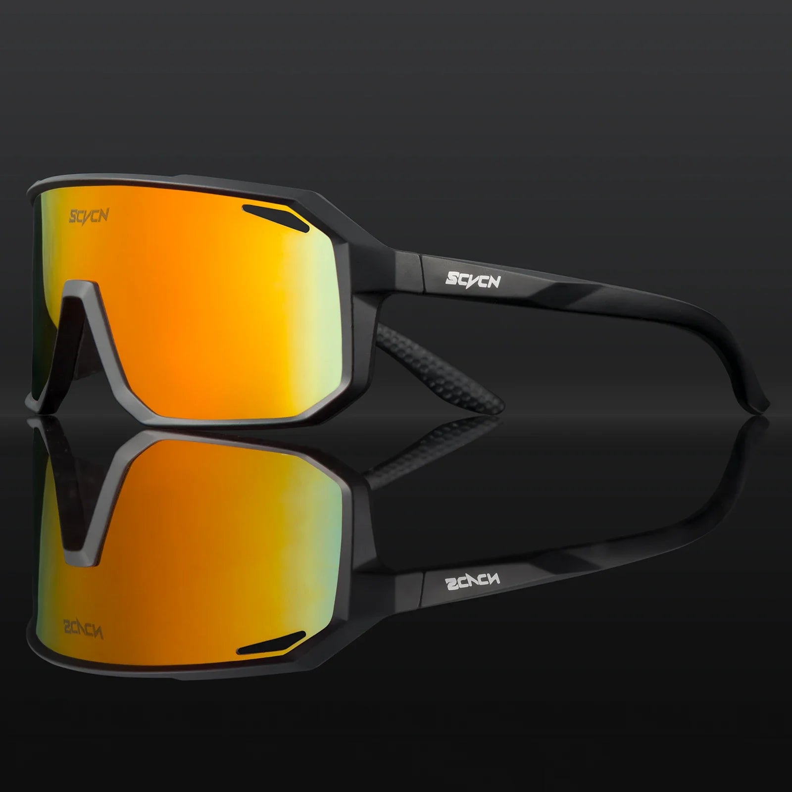 SCVCN cycling sunglasses with matte black frame and orange mirrored lens, built for windproof protection and UV400 outdoor sports use.