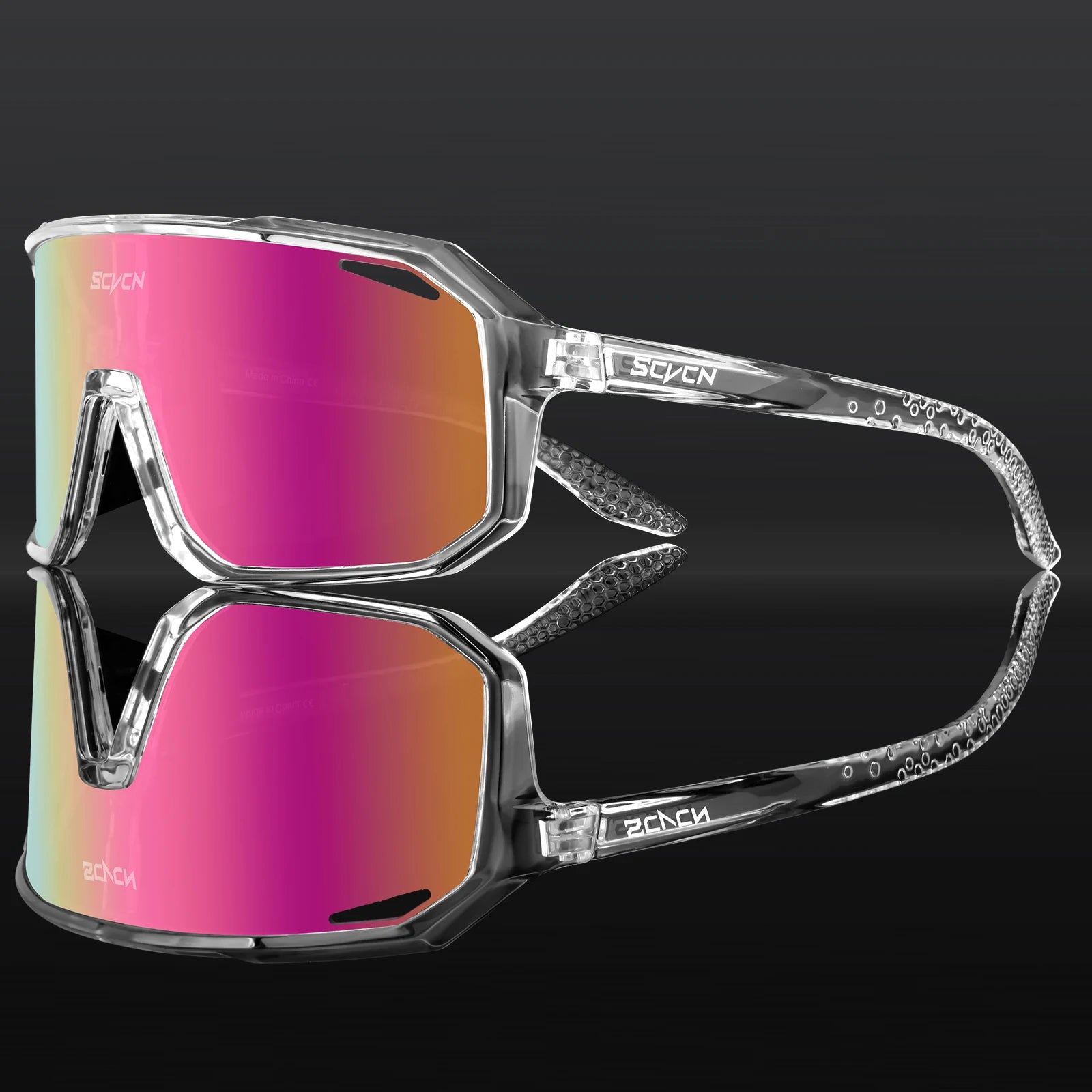 SCVCN cycling eyewear featuring a pink mirrored lens and transparent TR90 frame, designed for men and women cyclists seeking lightweight protection.
