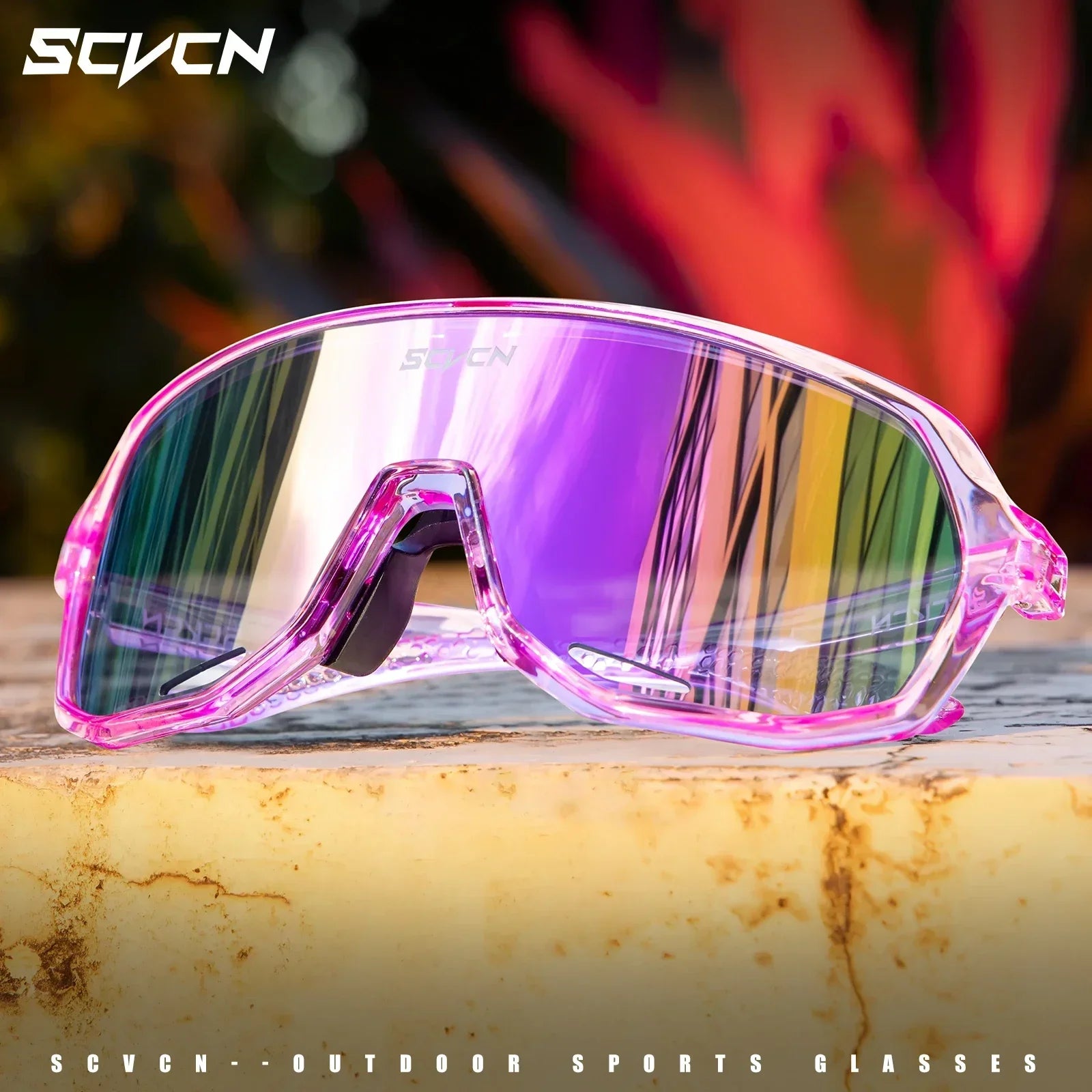 SCVCN cycling glasses featuring a pink transparent frame and mirrored lens, designed for high-performance outdoor cycling and UV protection.