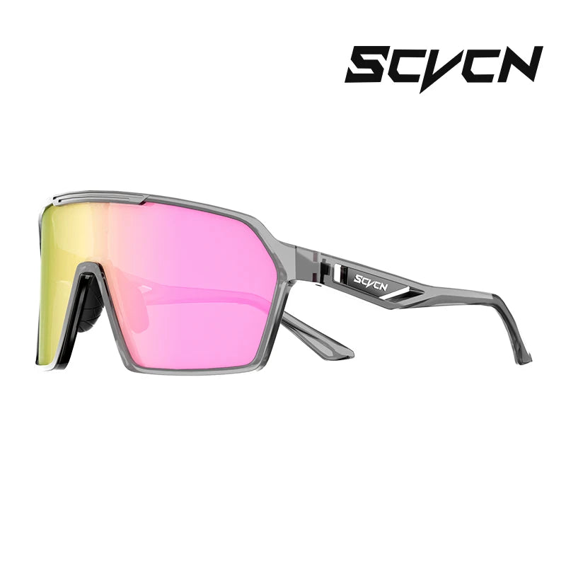 SCVCN UV400 cycling glasses with pink mirrored lenses and sleek gray frame, offering stylish UV protection for outdoor biking and sports.