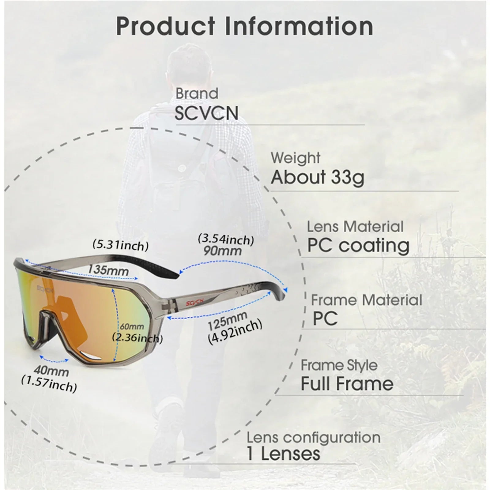 SCVCN MTB cycling glasses with full frame PC material, UV400 lens, and anti-slip nose pad, ideal for outdoor sports and mountain biking.