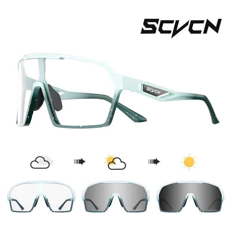 SCVCN UV400 cycling glasses with photochromic clear-to-dark lenses and adjustable temples, perfect for biking and outdoor sports in changing light.