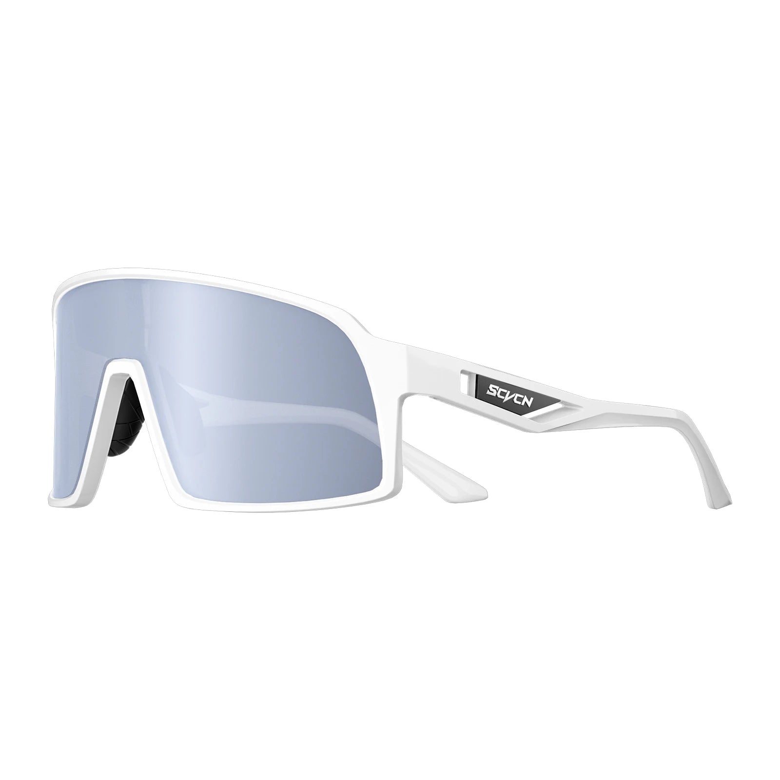 White SCVCN Cycling Glasses with UV400 silver lens, lightweight TR90 frame for men and women’s outdoor sports and cycling activities.