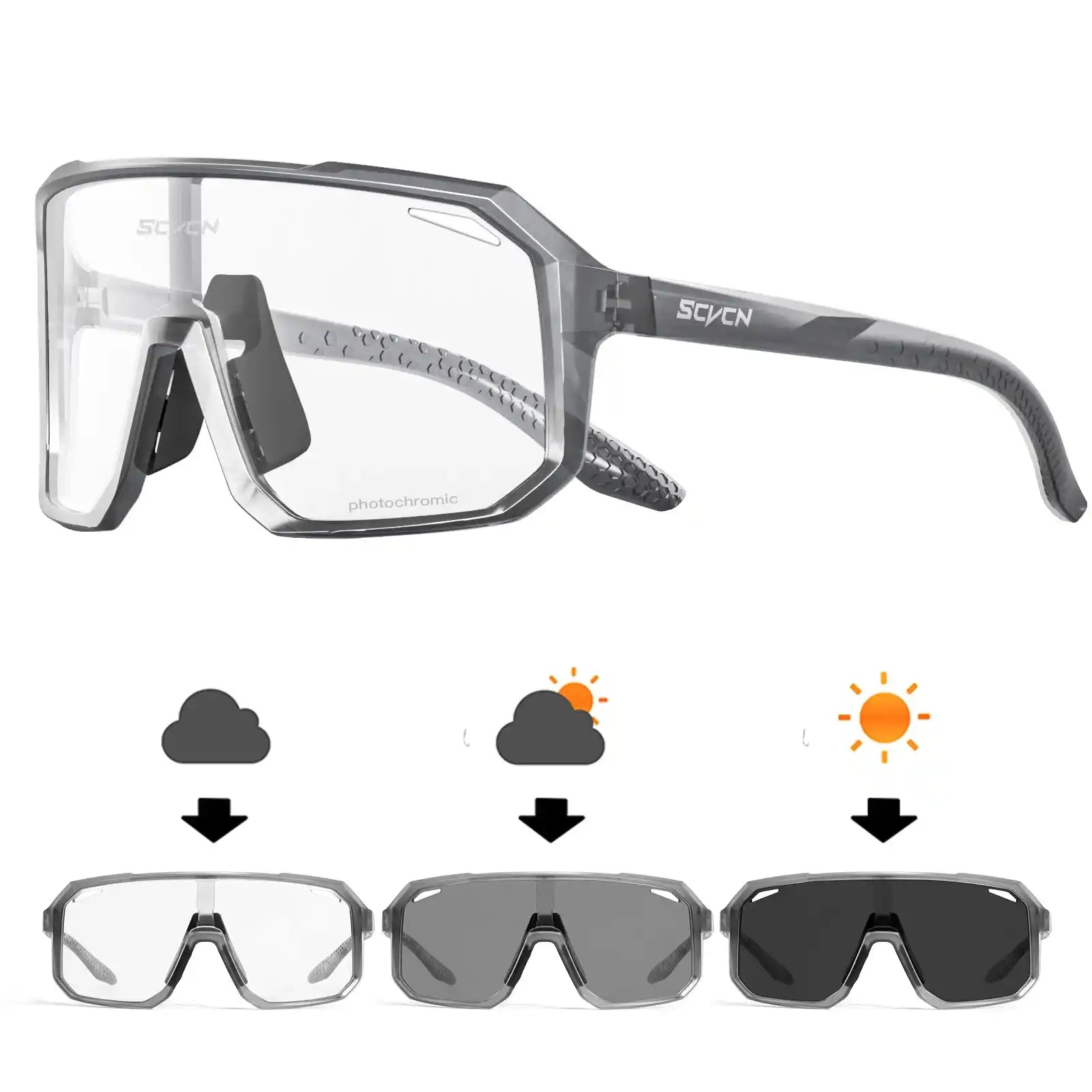 SCVCN Cycling Glasses with photochromic lenses for UV protection and outdoor sports. Features TR90 frame and anti-slip nose pads for secure fit.