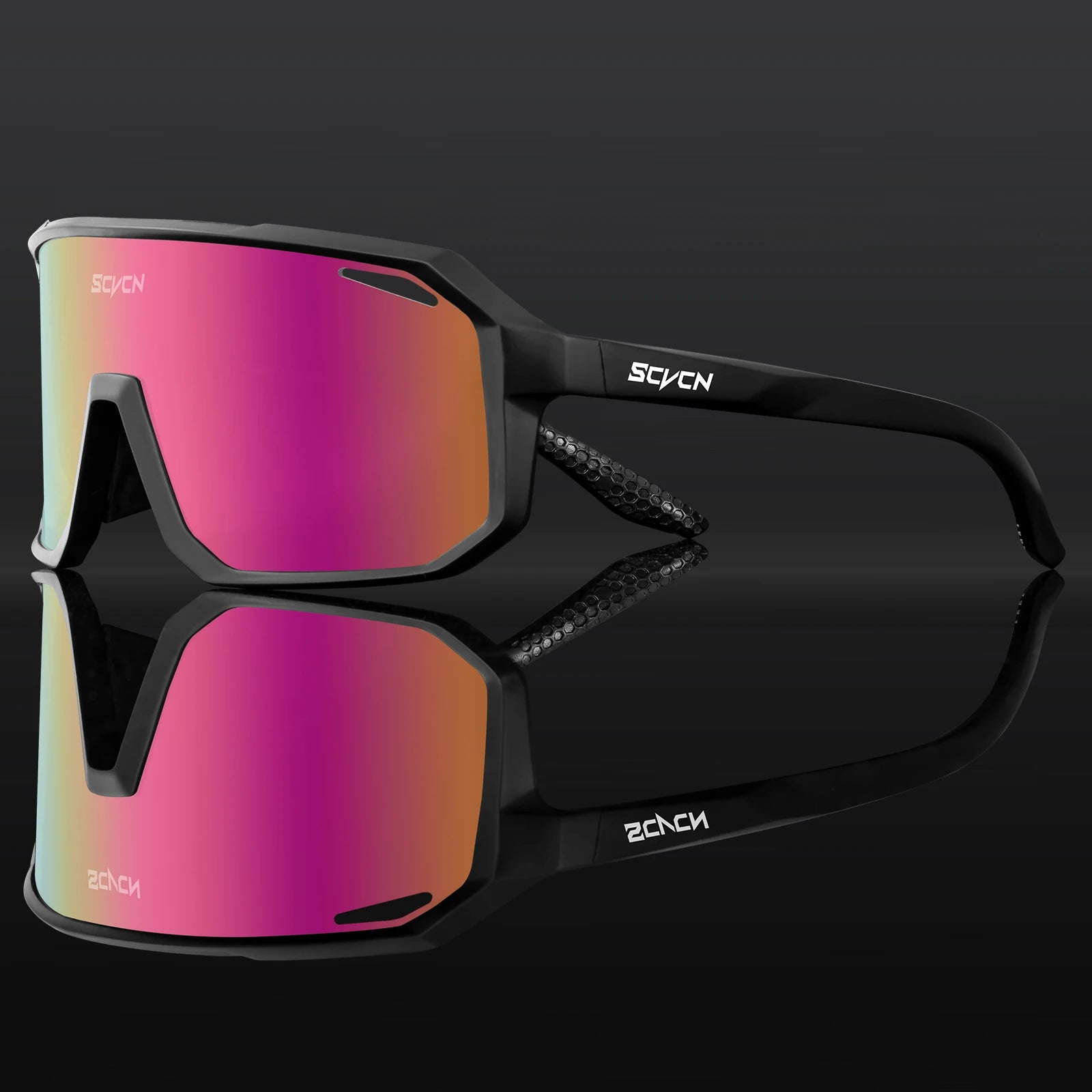 SCVCN Cycling Glasses in matte black with red-orange mirrored lens, perfect for men and women. UV400 protection and anti-slip design for high-speed cycling.
