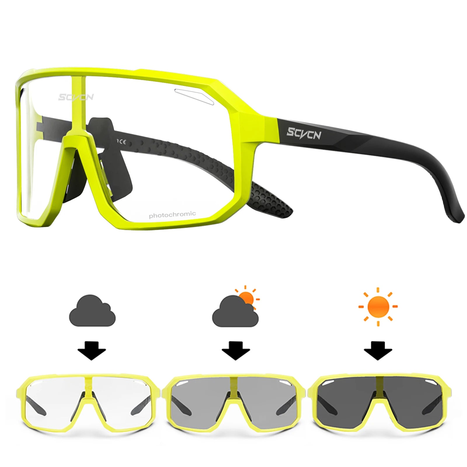SCVCN yellow and black cycling glasses with photochromic lenses that darken in sunlight, designed for UV protection and outdoor sports.