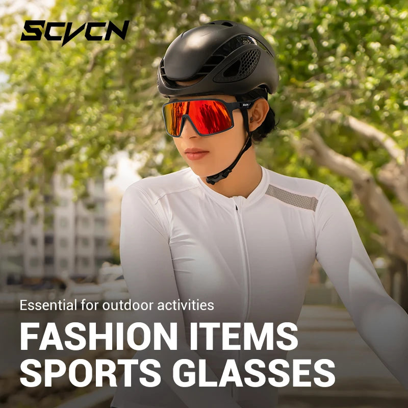 Woman cyclist wearing SCVCN UV400 red lens cycling glasses, perfect for fashion-forward outdoor sports and sun protection.