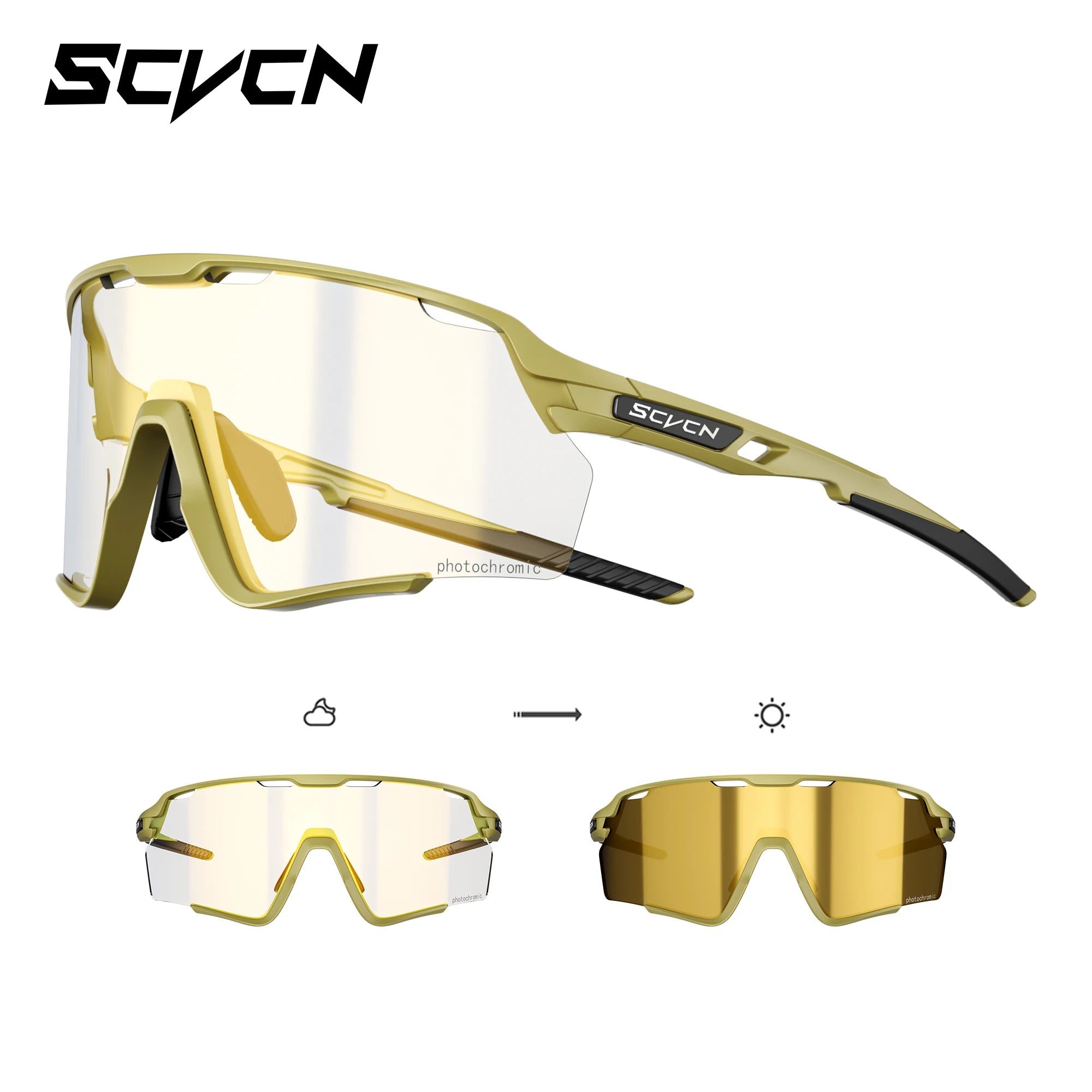 Cycling Glasses UV400 Protection with TR90 frame and adjustable fit, featuring photochromic lenses for day-to-night outdoor sports use.