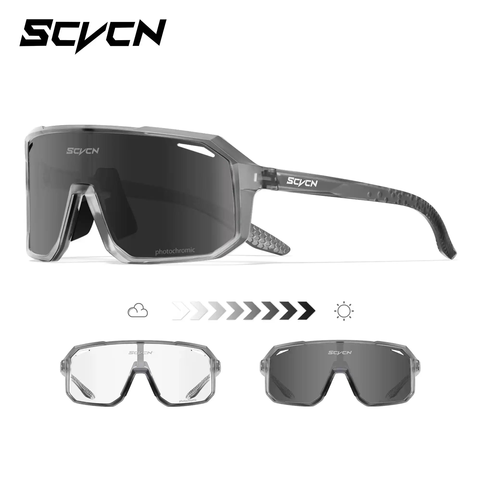 Gray frame photochromic cycling eyewear with UV400 protection, designed for mountain biking and outdoor sports performance.