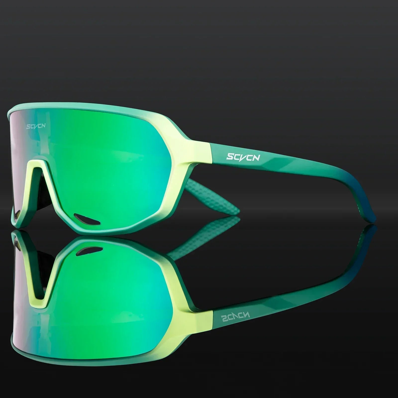 Buy SCVCN MTB Glasses with green UV400 photochromic lenses and light green TR90 frame, ideal for cycling and outdoor sports protection.