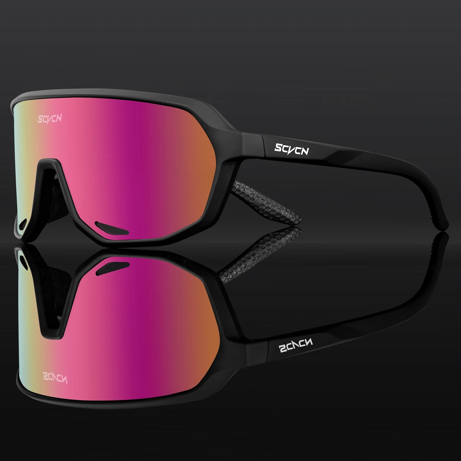 SCVCN cycling glasses with black frame and pink mirrored lens, combining style and function. Ideal for mountain biking and outdoor sports.