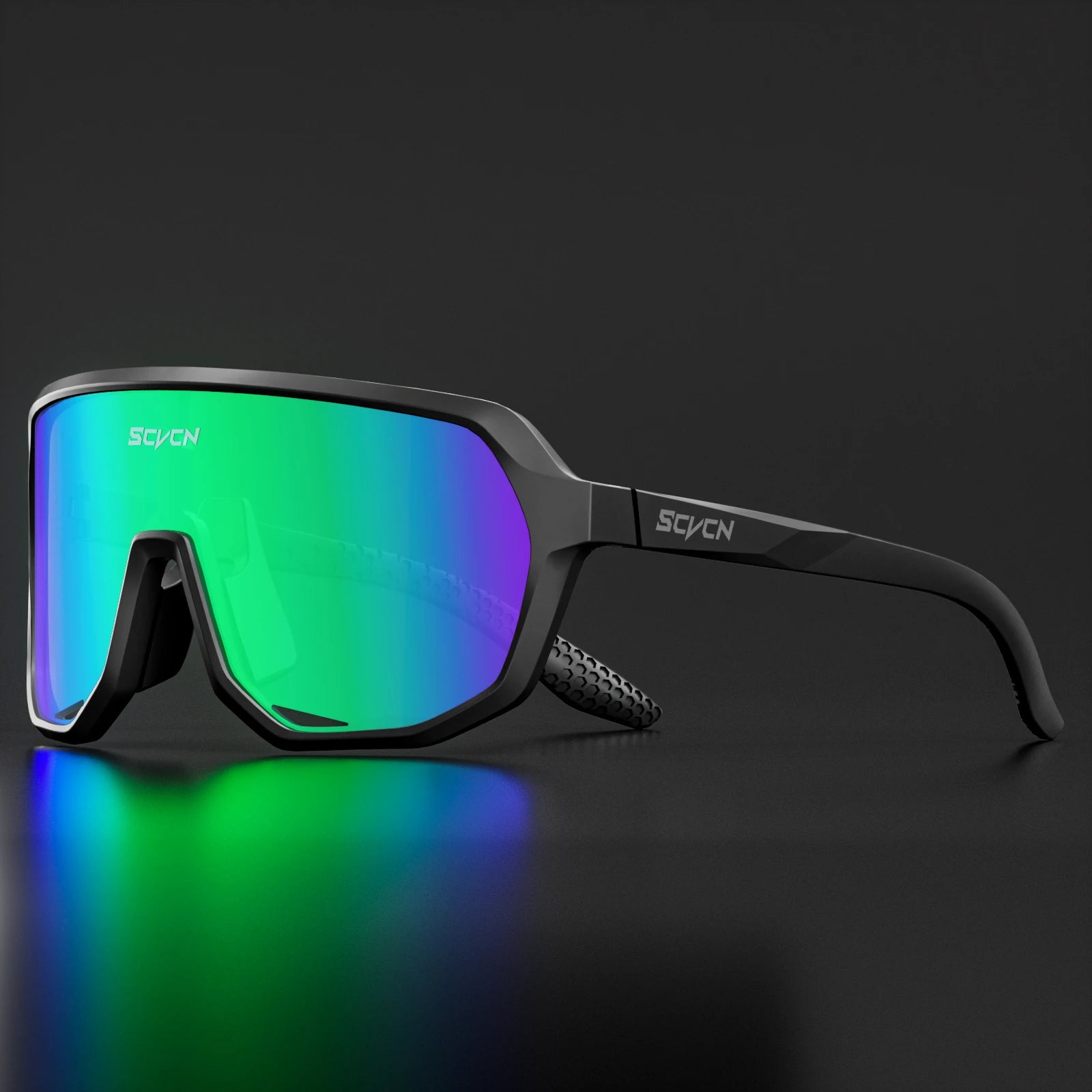 SCVCN UV400 cycling glasses in matte black frame with green-blue mirrored lenses, perfect for mountain biking and windproof outdoor sports.