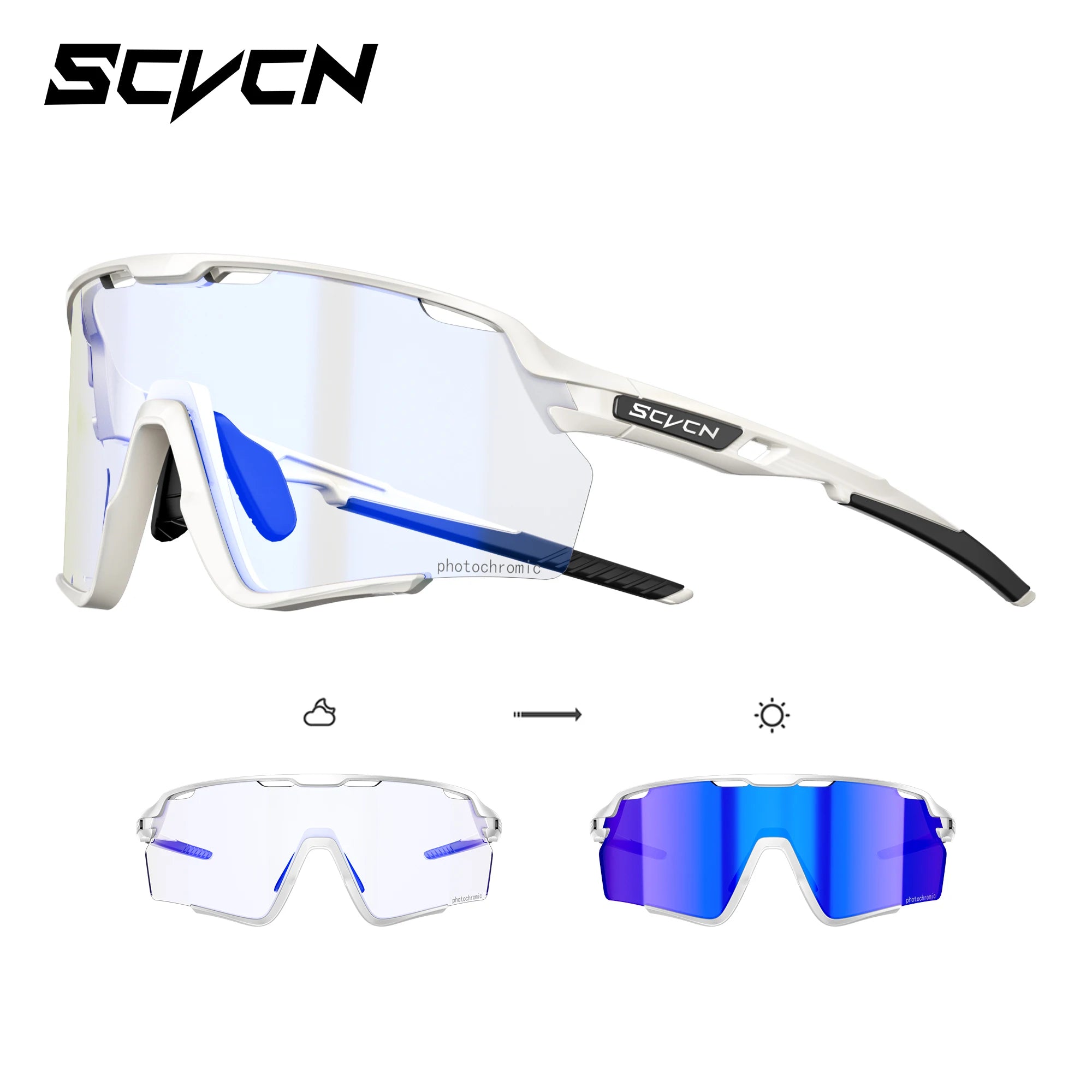 White frame cycling glasses with blue photochromic lenses, UV400 protection, and anti-slip nose pads for outdoor sports and trail riding.