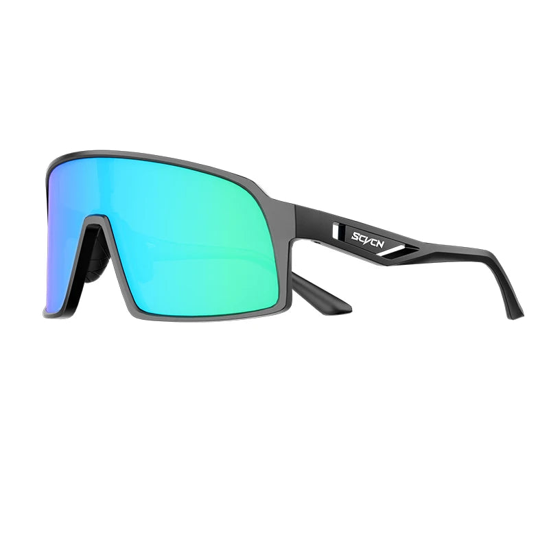 Black SCVCN Cycling Glasses with green mirrored lenses, designed for UV protection and glare reduction during high-performance biking and sports.
