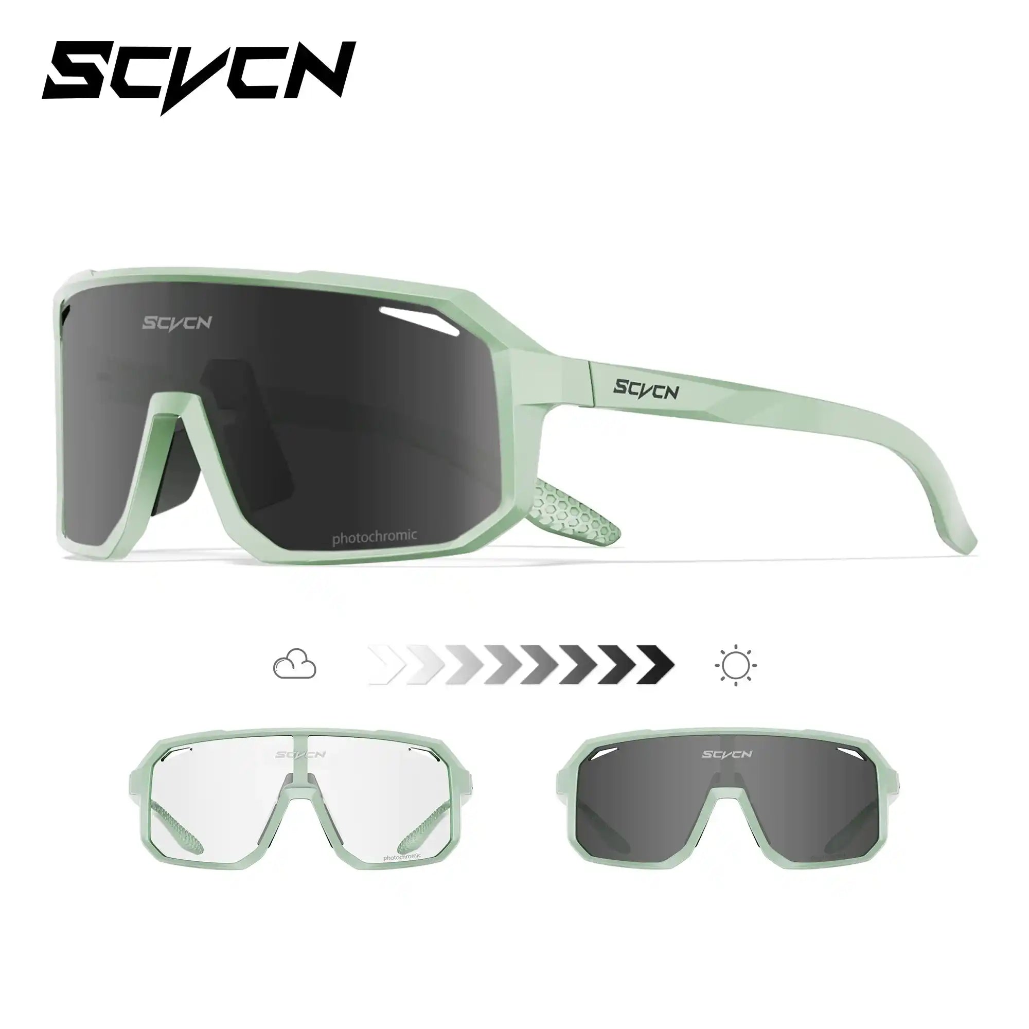 Light green photochromic MTB sunglasses with UV400 protection and adjustable temples, suitable for hiking, cycling, and outdoor sports.