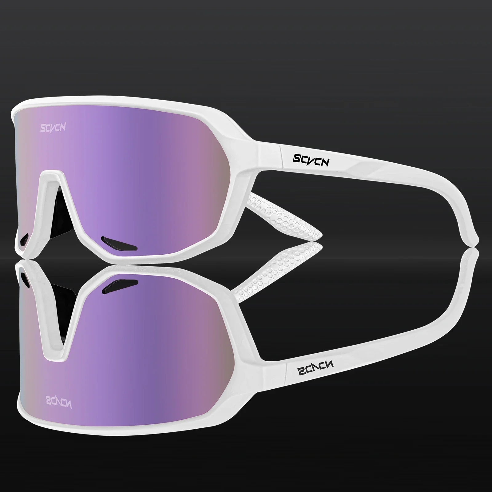 SCVCN Cycling Glasses in white frame with purple mirrored lens, designed for men and women. High-performance UV400 sports eyewear for cycling and outdoor use.