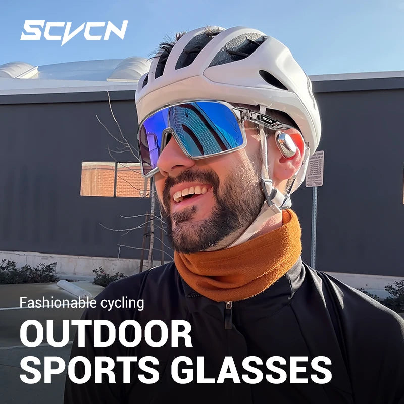 Man wearing SCVCN UV400 Cycling Glasses with blue mirrored lens, designed for outdoor sports like road biking and mountain cycling.