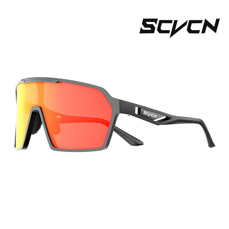 SCVCN UV400 Cycling Glasses in matte black with red-orange lenses, ideal for biking and outdoor sports with anti-slip nose pads and UV protection.
