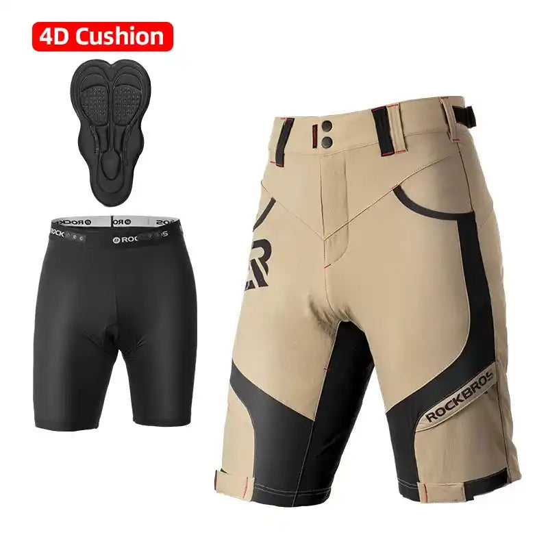 Beige ROCKBROS Bike Shorts Men Cycling MTB Road with 4D cushion liner, perfect for summer cycling with detachable padded support.