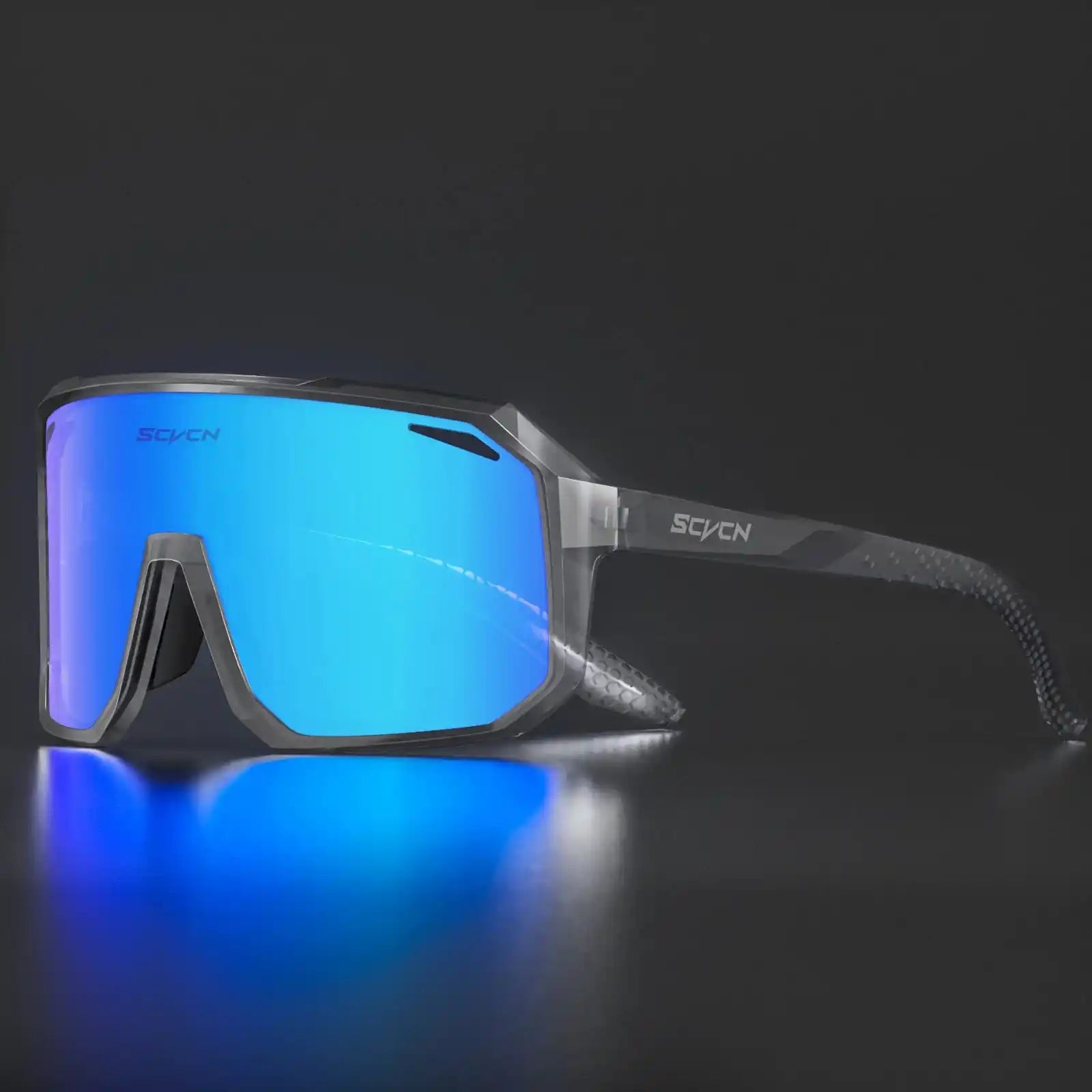 SCVCN high-performance cycling glasses featuring blue mirrored lenses and a sleek black-gray TR90 frame for UV protection and glare reduction.