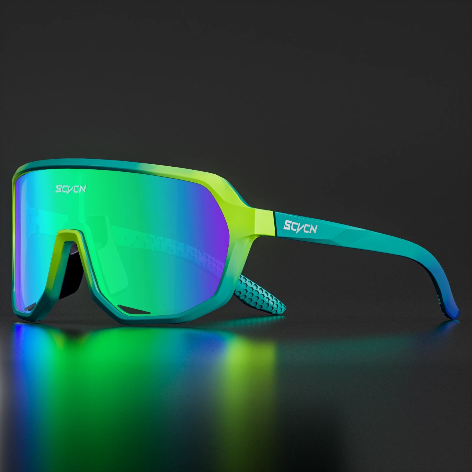 SCVCN UV400 cycling glasses in green and teal frame with green mirrored lenses, designed for high-performance outdoor sports use.