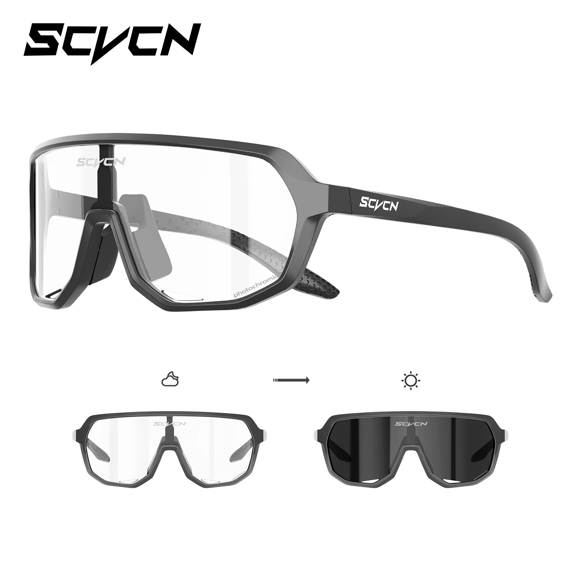 SCVCN MTB Glasses with black frame and photochromic clear-to-dark UV400 lenses. Perfect for cycling, hiking, and all-weather outdoor activities.