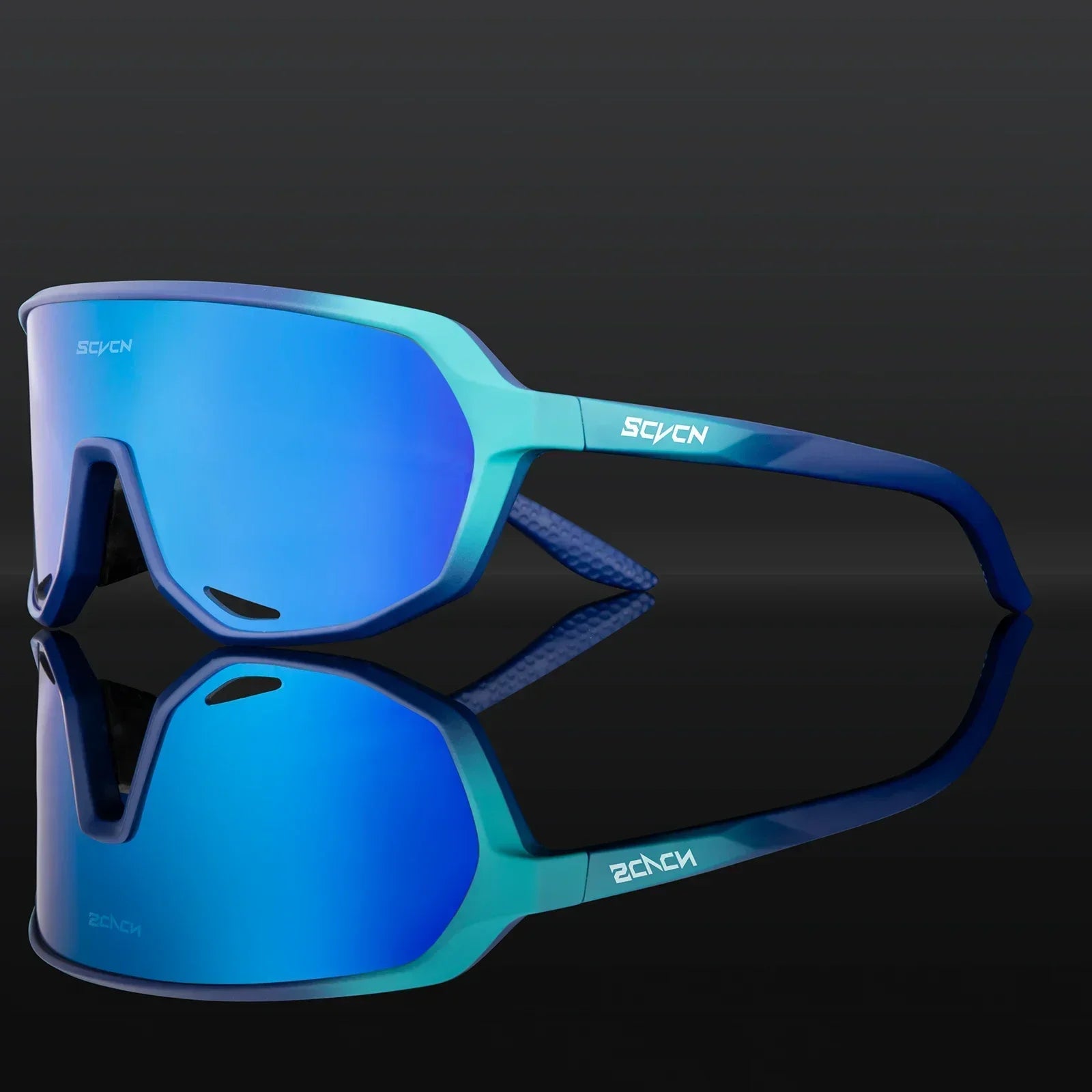 SCVCN MTB cycling sunglasses with blue mirrored UV400 lenses and TR90 frame. Ideal for outdoor sports and mountain biking.