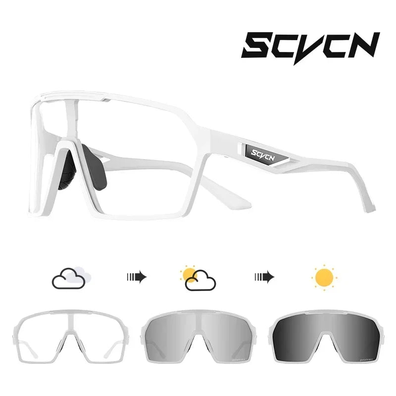 White SCVCN UV400 cycling glasses with photochromic lenses for sun and cloud conditions. Lightweight eyewear for outdoor sports and trail riding.