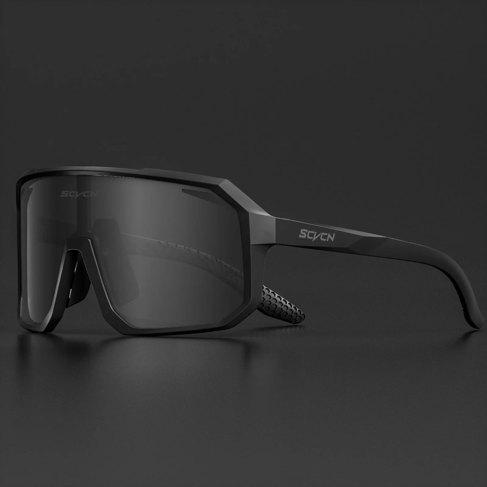 SCVCN black frame cycling glasses with dark tinted lenses, offering UV400 protection and wind resistance for road and mountain biking.