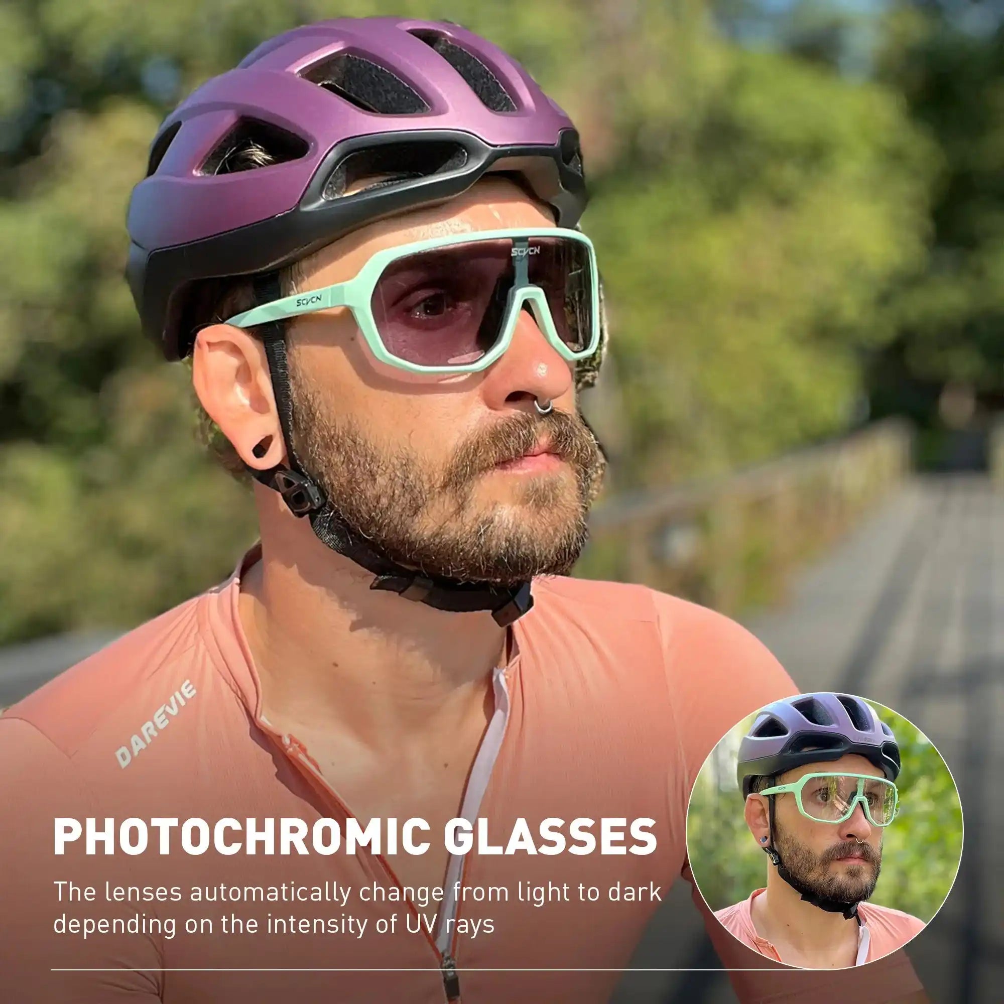 Outdoor cyclist wearing mint green photochromic cycling glasses with UV400 lenses, designed for high-performance biking in changing light.