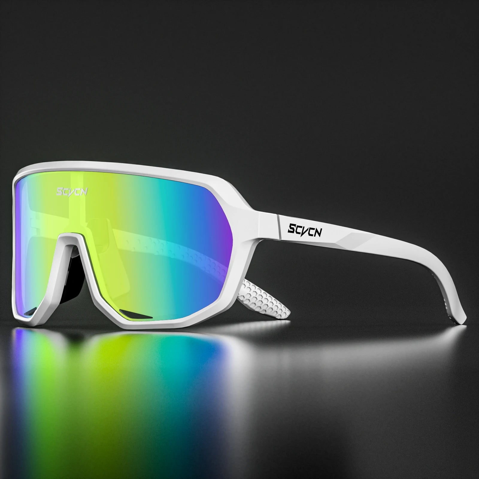 SCVCN cycling glasses with rainbow UV400 mirrored lenses and white frame, lightweight eyewear for road biking, hiking, and outdoor sports visibility.