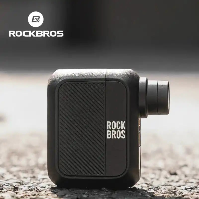 ROCKBROS Mini Electric Bike Pump 100PSI with compact, black design ideal for portable tire inflation. Rechargeable and lightweight for cyclists.