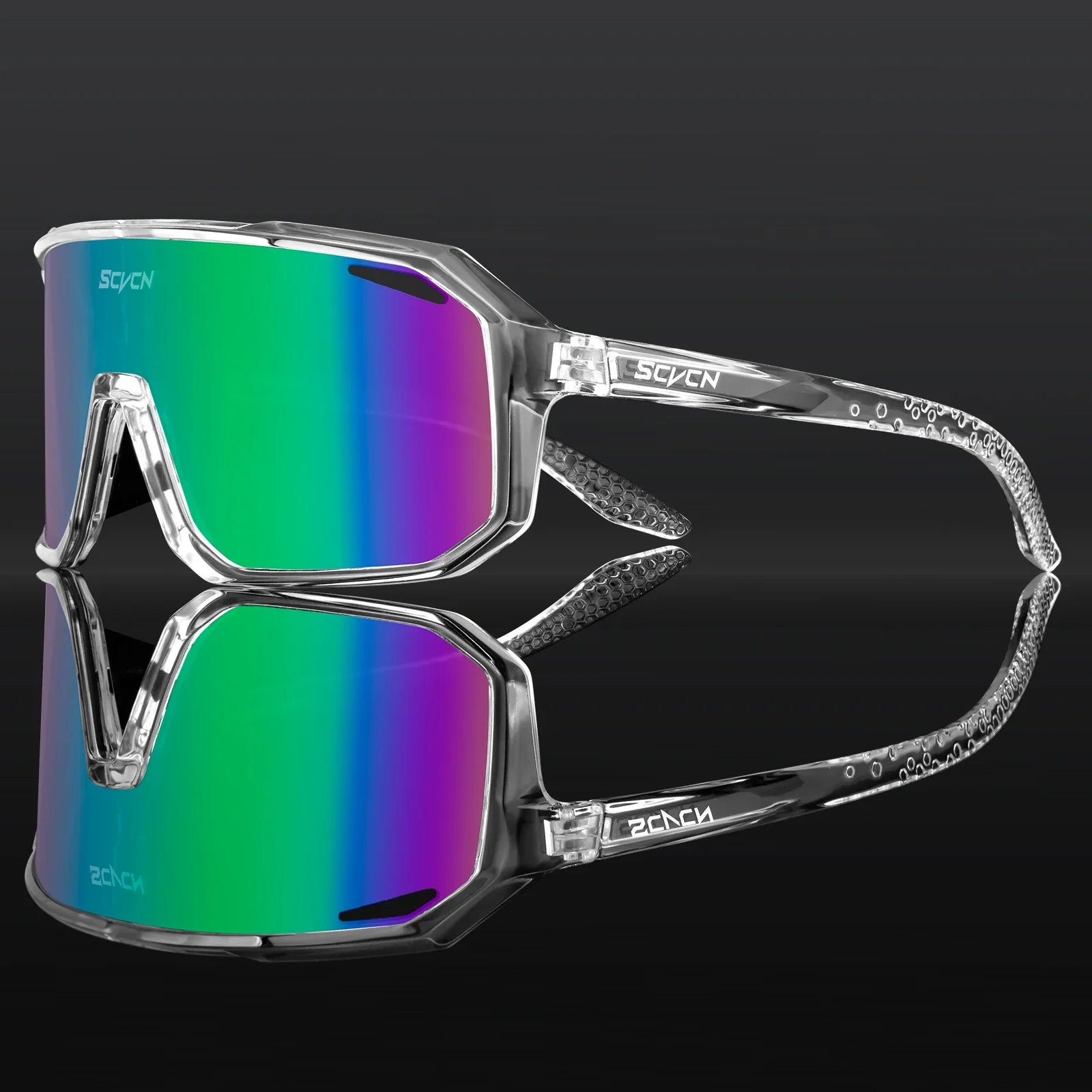 SCVCN cycling glasses featuring a clear TR90 frame and green-purple mirrored lens, designed for all-weather cycling and UV protection.