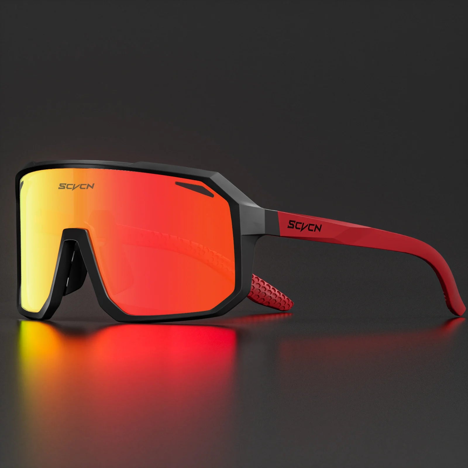 SCVCN Cycling Glasses with red mirrored UV400 lenses and black-red TR90 frame, ideal for outdoor sports and wind protection.