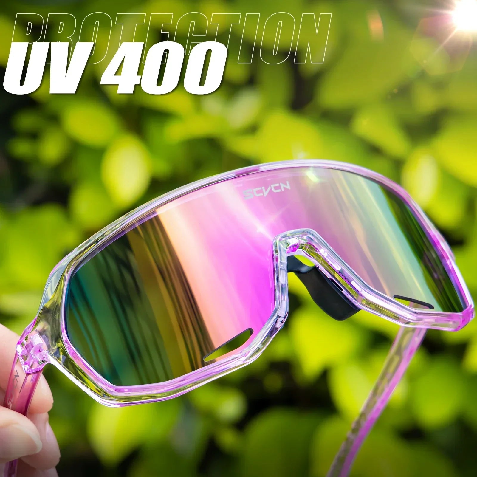 SCVCN UV400 cycling glasses with pink transparent frame and photochromic lens, providing full UV protection for men and women cyclists.