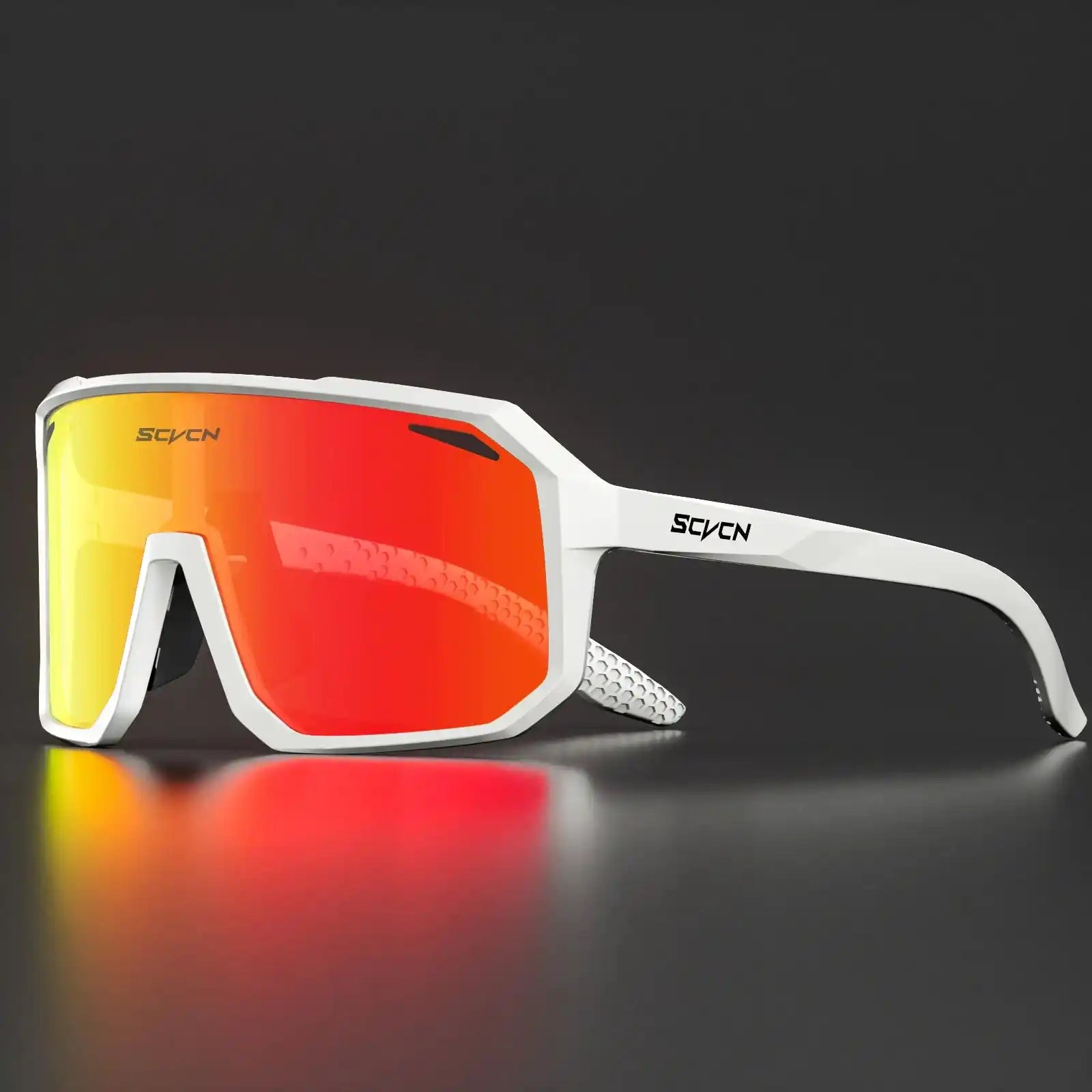 SCVCN Cycling Glasses in white with red mirrored lenses, offering anti-slip nose pads and impact resistance for high-performance cycling.