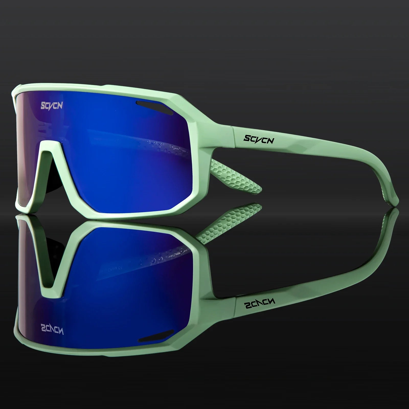 SCVCN cycling glasses with blue mirrored lens and mint green TR90 frame, ideal for men and women in high-performance outdoor cycling.