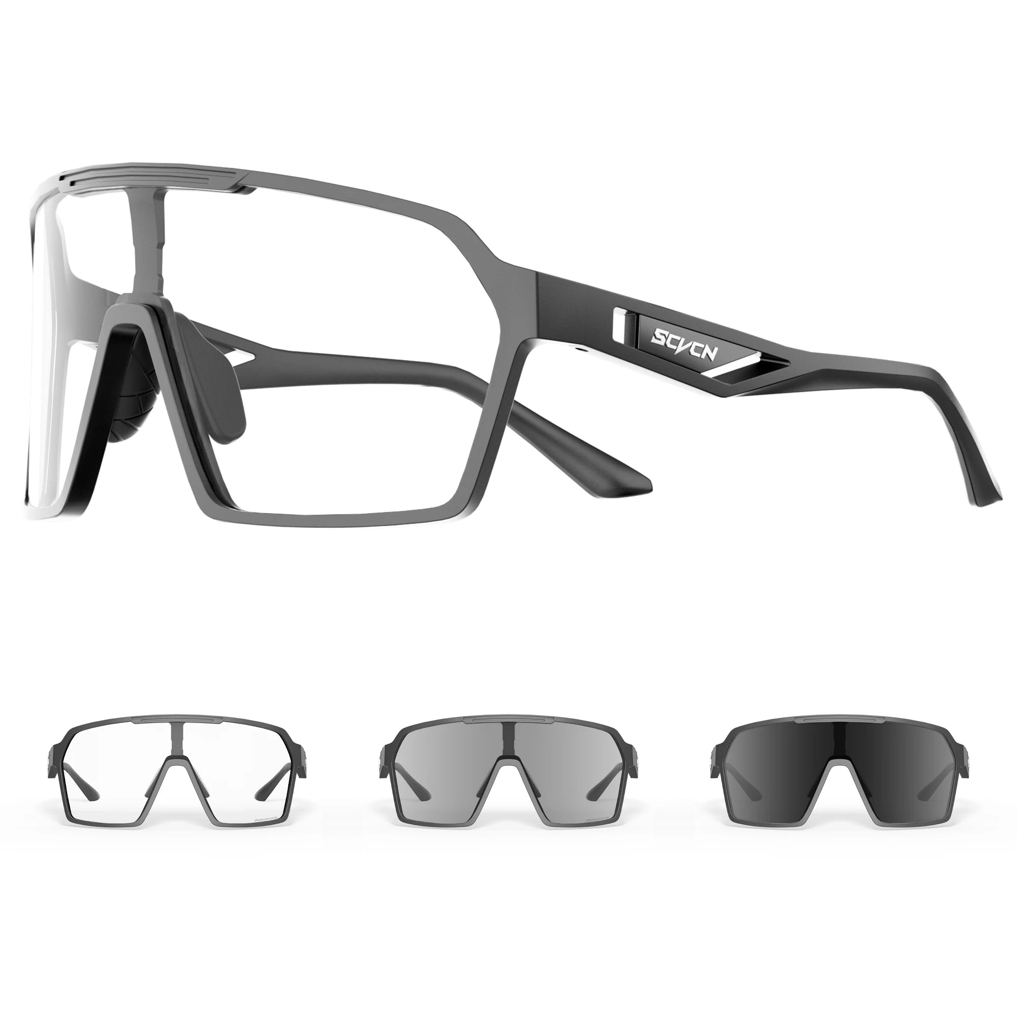 Black SCVCN UV400 cycling glasses with clear to dark lenses for UV protection. Impact-resistant eyewear for road biking and mountain sports.