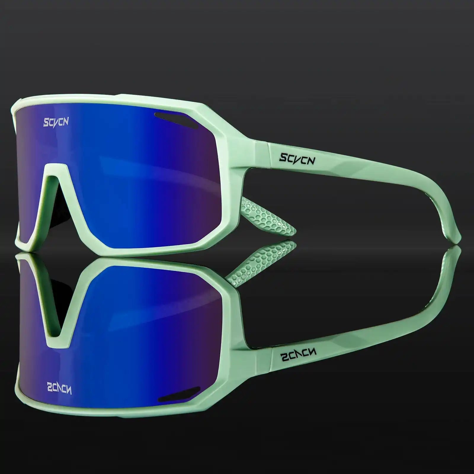 SCVCN Cycling Glasses with mint green frame and blue mirrored lenses, lightweight and windproof for trail riding and UV protection.