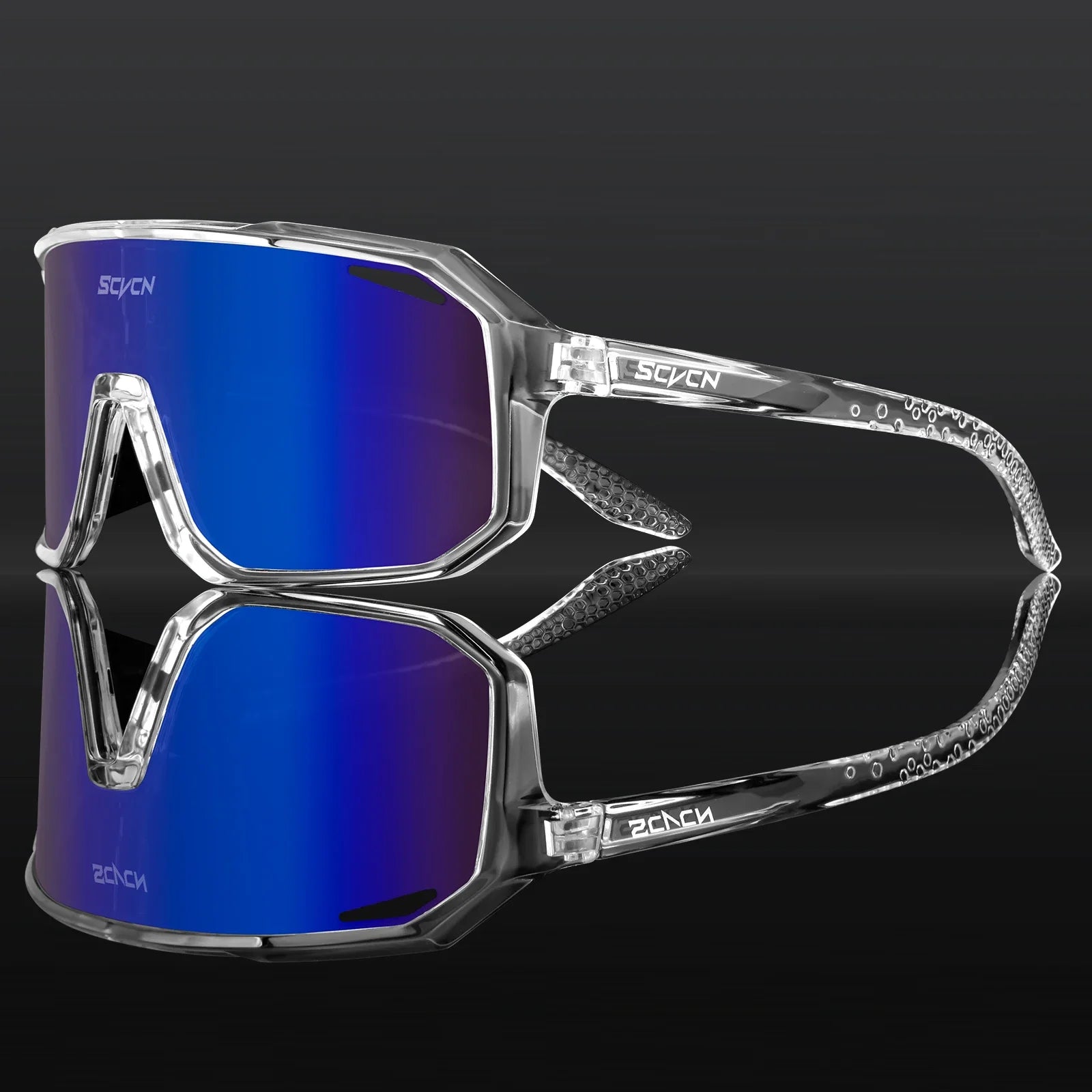 SCVCN cycling eyewear with a transparent TR90 frame and blue mirrored lens, offering impact resistance and glare reduction for cyclists.